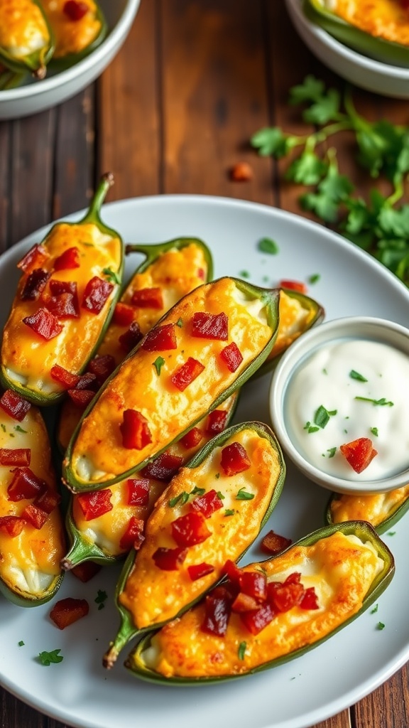 A delicious plate of baked jalapeño poppers filled with cheese and topped with bacon.